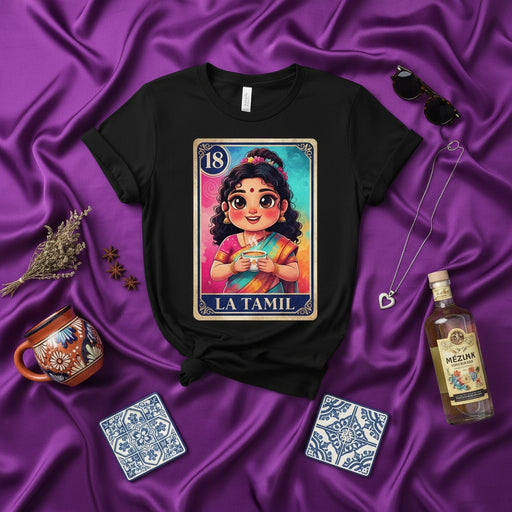 LA TAMIL Cute Indian Girl in Saree Loteria Card T-Shirt, South Asian Culture Tamil Pride Tee, Number 18 Mexican Bingo Style Gift Shirt Mexicada