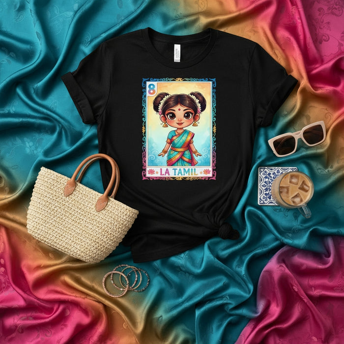 LA TAMIL Cute Indian Girl Loteria Card T-Shirt, Unisex Graphic Tee, Tamil Culture Art Print Shirt, Traditional South Asian Style Gift Idea Mexicada