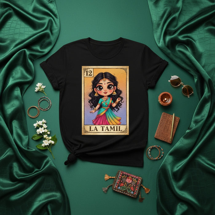 LA TAMIL Cute Indian Woman Desi Tamil Girl Art T-Shirt, Mexican Loteria Card Style Tee, Funny South Asian Cultural Graphic Shirt, Trendy Unisex Adult Apparel Gift Mexicada