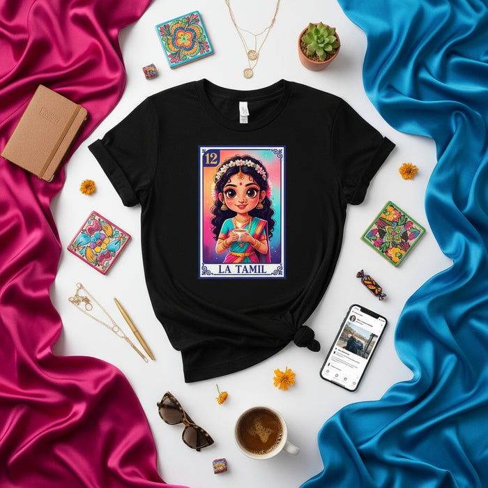 LA TAMIL La Lotería Card 12 Unisex T-Shirt, Cute South Indian Girl Design, Festival Tee, Tamil Culture Gift, Mexican Bingo Game Art Shirt, Traditional Saree Outfit Top Mexicada