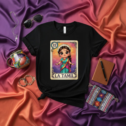 LA TAMIL Loteria Card Style T-Shirt, Cute Little Girl in Saree Design, Traditional Indian Culture, Unique Unisex Graphic Tee Gift, South Asian Heritage Apparel Mexicada