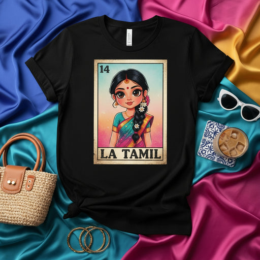 LA TAMIL Lotería Card T-Shirt, Cute Cartoon Girl in Saree Design, Mexican Bingo Style Graphic Tee, Tamil Pride Gift, Unisex Black Shirt with Number 14 Mexicada