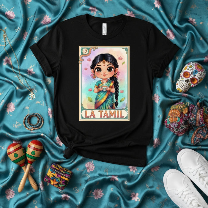 LA TAMIL Loteria Card T-Shirt, Cute Cartoon Tamil Girl in Saree Graphic Tee, South Asian Indian Heritage Culture Gift, Traditional Ethnic Style Unisex Shirt Mexicada