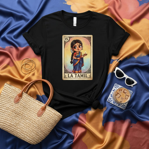 LA TAMIL Loteria Card T-Shirt, Cute Cartoon Tamil Girl in Saree Holding Diya Lamp, Black Unisex Graphic Tee, South Asian Culture Inspired Apparel, Diwali Festival Mexicada