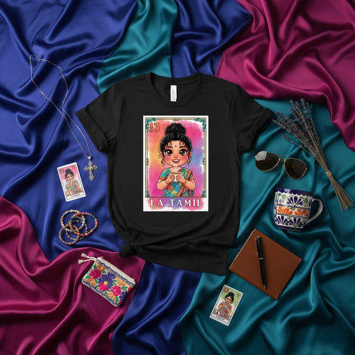 LA TAMIL Loteria Card T-Shirt Cute South Asian Girl with Coffee Mug Graphic Tee Unisex Hispanic Heritage Gift for Tamil Culture Lovers Mexicada