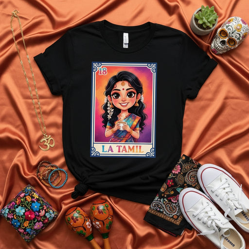 LA TAMIL Lotería Card T-Shirt, Cute South Indian Tamil Girl Graphic Tee, Mexican Bingo Inspired Design, Unisex Multicultural Heritage Shirt Mexicada