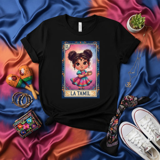 LA TAMIL Loteria Card T-Shirt Cute Tamil Girl Coffee Drinker Tee Mexican Bingo Style Design Unisex Black Shirt Mexicada
