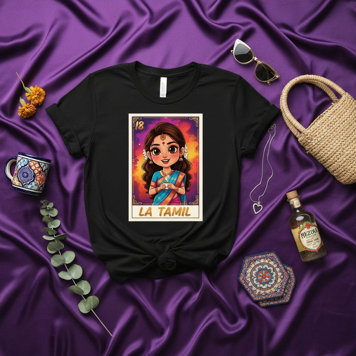 LA TAMIL Lotería Card T-Shirt, Unisex Black Tee with Tamil Girl Illustration, Traditional Mexican Bingo Game Art Style Apparel Mexicada