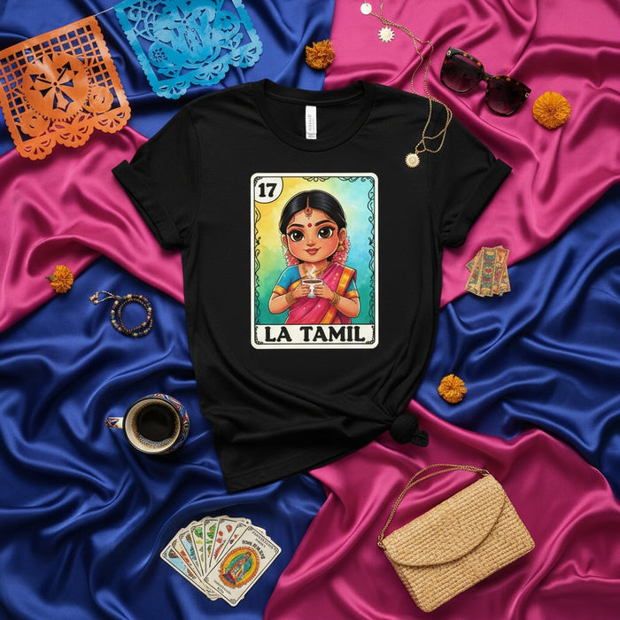 LA TAMIL Unisex T-Shirt, Tamil Girl Loteria Card Design, Cute South Indian Culture Graphic Tee, Traditional Game Inspired Apparel, Number 17 Print Mexicada