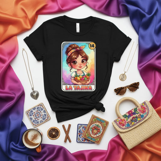 LA TARAJIKA Mexican Loteria Card Graphic Tee | Kawaii Chibi Girl with Fruit Basket Unisex T-Shirt | Latina Heritage Bingo Game Folk Art Style Shirt Gift Mexicada