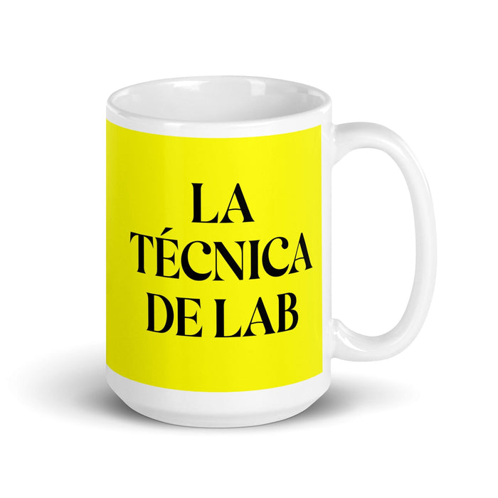 La Técnica De Lab The Lab Technician Funny Home Office Work Coffee Mug Mexican Spanish Pride Gift White Glossy Cup Yellow Card Mug Mexicada 15 oz