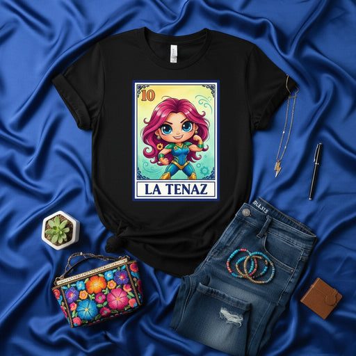 LA TENAZ Loteria Card T-Shirt, Cute Cartoon Superhero Girl Graphic Tee, Mexican Bingo Game Inspired Unisex Apparel, Vibrant Pink Hair Design Mexicada