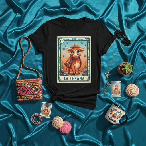 LA TEXANA Cute Bull Loteria Card T-Shirt - Mexican Bingo Game Design Unisex Tee - Rustic Western Desert Aesthetic Top - Southwest Cow Graphic Shirt - Unique Gift Idea Mexicada