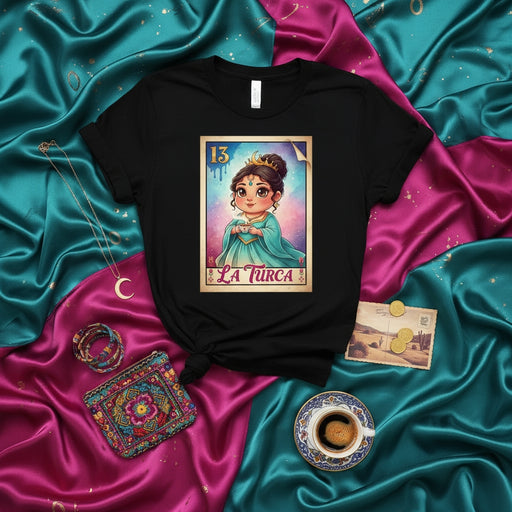La Turca 13 Loteria Card T-Shirt, Cute Princess Queen Design, Traditional Mexican Bingo Game Apparel, Unisex Graphic Tee Gift for Women, Men, and Kids Mexicada