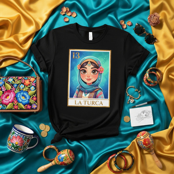 LA TURCA 13 Loteria Card T-Shirt, Mexican Bingo Game The Turk Tee, Cute Arabic Woman Cartoon Art Graphic Shirt, Unisex Folkloric Culture Gift Mexicada