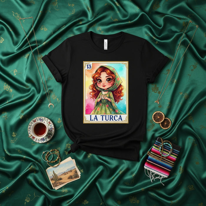 LA TURCA Cute Chibi Girl Loteria Card T-Shirt, Mexican Bingo Game Art Tee, La Dama Illustration Graphic Shirt, Vibrant Folkloric Style Gift Mexicada