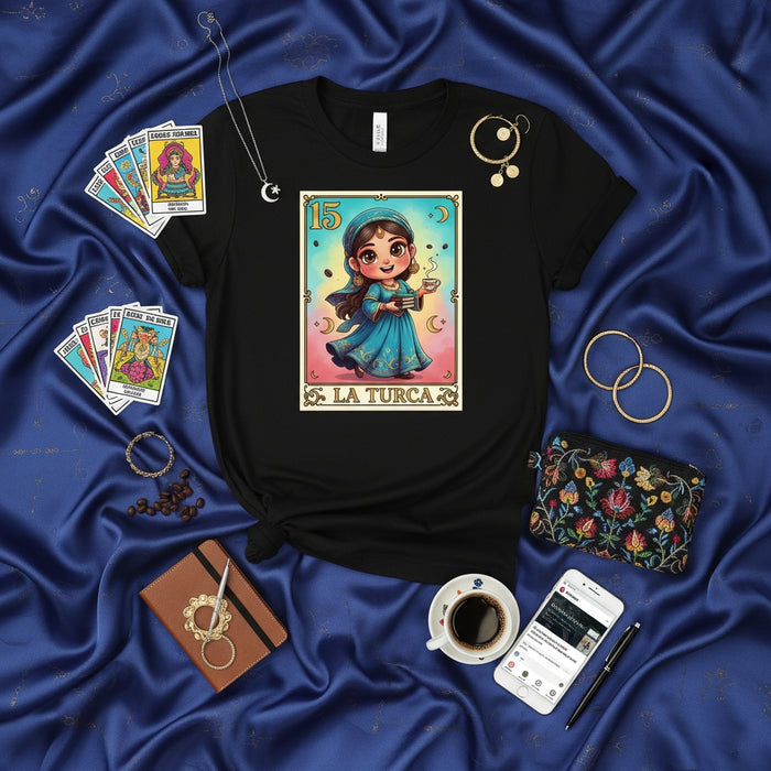 LA TURCA Cute Chibi Girl Loteria Card T-Shirt Unisex Graphic Tee, Mexican Bingo Inspired Design, Mystical Arabic Theme Apparel Gift, Number 15 Card Mexicada