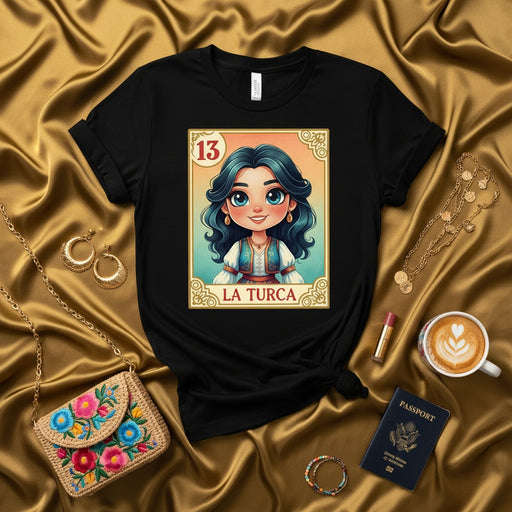 LA TURCA La Lotería Card 13 Unisex T-Shirt - Cute Cartoon Woman Portrait Design, Traditional Mexican Bingo Game Art Tee, Short Sleeve Black Shirt, Gift for Her Him Mexicada