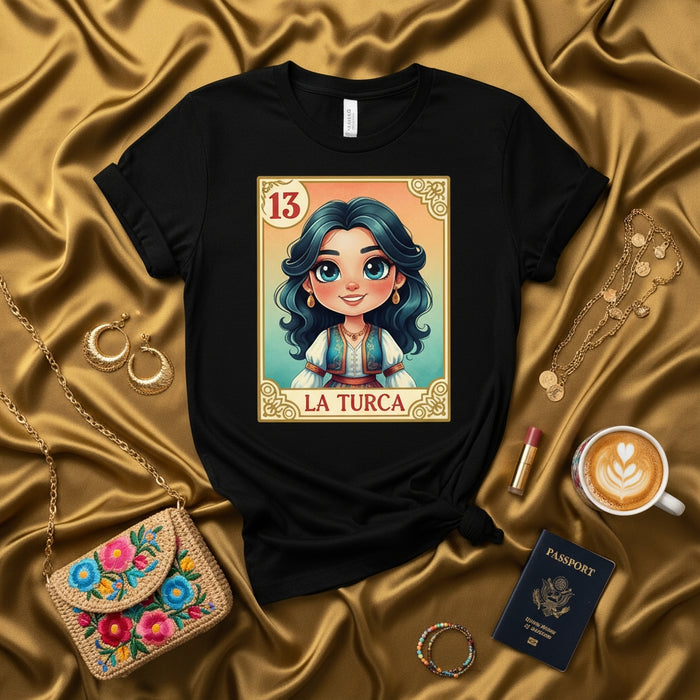 LA TURCA La Lotería Card 13 Unisex T-Shirt - Cute Cartoon Woman Portrait Design, Traditional Mexican Bingo Game Art Tee, Short Sleeve Black Shirt, Gift for Her Him Mexicada