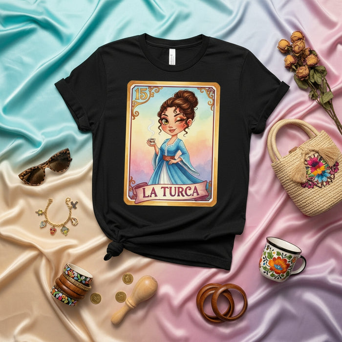 La Turca Loteria Card T-Shirt, Card 15, Cute Woman Drinking Coffee Design, Mexican Bingo Game Inspired Unisex Tee, Latinx Culture Apparel Gift Idea Mexicada