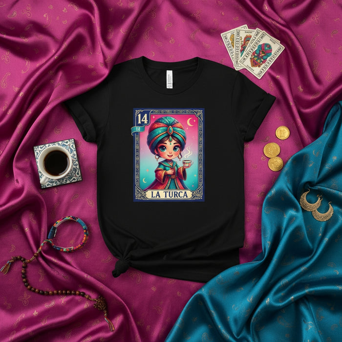 LA TURCA Lotería Card T-Shirt, Número 14 El Turco Inspired Mexican Bingo Art Print, Bohemian Fortune Teller Design, Unisex Graphic Tee Gift for Him or Her Mexicada