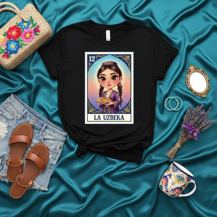 LA UZBEKA Uzbek Girl Loteria Card T-Shirt, Mexican Bingo Game Inspired Tee, Unique Cultural Gift for Her, Unisex Black Graphic Shirt for Women and Men Mexicada