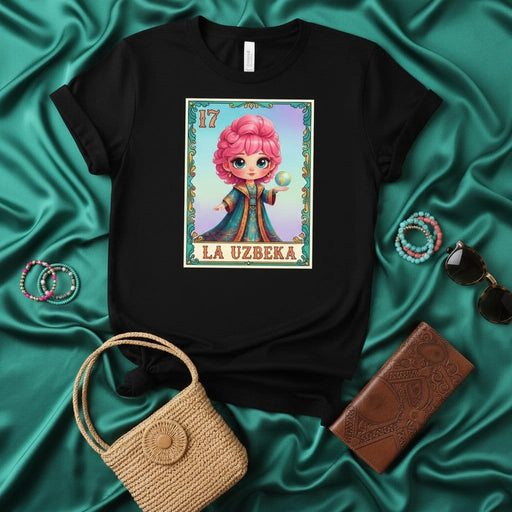 LA UZBEKA Uzbek Girl Loteria Card T-Shirt, Number 17 Black Unisex Tee, Cute Pink Hair Kawaii Anime Style Mexican Bingo Game Design, Cultural Gift for Women Mexicada