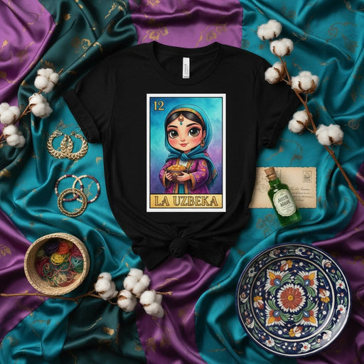 LA UZBEKA Uzbek Girl Loteria Card T-Shirt Unisex Graphic Tee Uzbek Culture Folk Art Design Gift for Her Him Friend Birthday Holiday Party Funny Shirt Mexicada