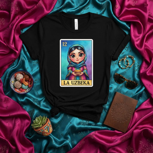 LA UZBEKA Uzbek Girl Loteria Card T-Shirt Unisex Mexican Bingo Game Design Apparel Mexicada