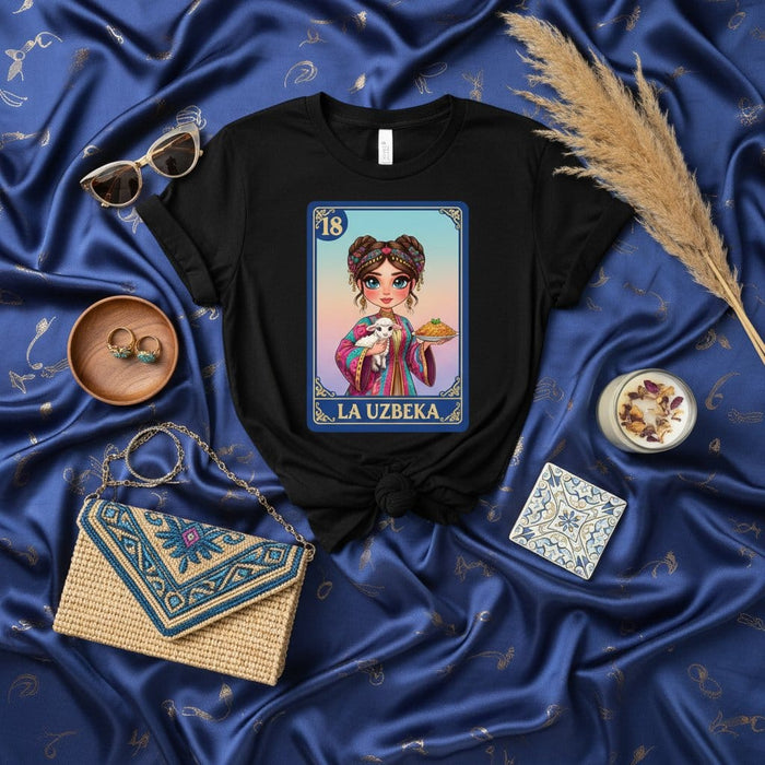 LA UZBEKA Uzbek Girl Loteria Card T-Shirt, Uzbekistan Plov Dish and White Sheep Tee, Traditional Folk Art Style Graphic Shirt, Unique Cultural Heritage Design Unisex Top Mexicada