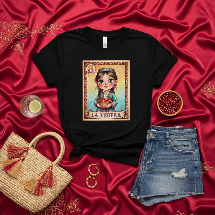 LA UZBEKA Uzbek Girl Loteria Card T-Shirt Vintage Folk Art Style Graphic Tee Culturally Inspired Unique Gift Mexicada