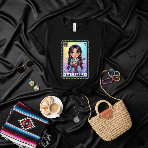 LA UZBEKA Uzbek Girl Loteria Card T-Shirt with Cartoon Illustration & Folk Instrument Design, Unique Mexican Game Style Graphic Tee, Unisex Fit, Number 18 Print Mexicada