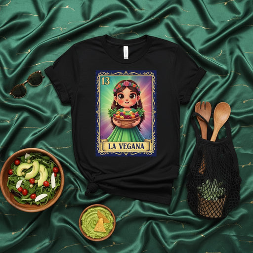 LA VEGANA Lotería Card T-Shirt: Cute Vegan Girl Holding Fruit Basket, Mexican Bingo Game Inspired, Unisex Graphic Tee for Plant-Based Lifestyle Lovers, Funny Latina Foodie Gift Mexicada