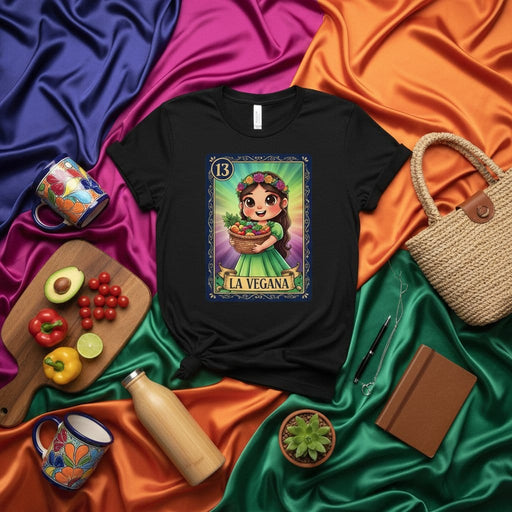 LA VEGANA Loteria Card T-Shirt, Vegan Girl with Fruit Basket, Mexican Culture Inspired Unisex Graphic Tee, Colorful Folk Art Style Design Mexicada