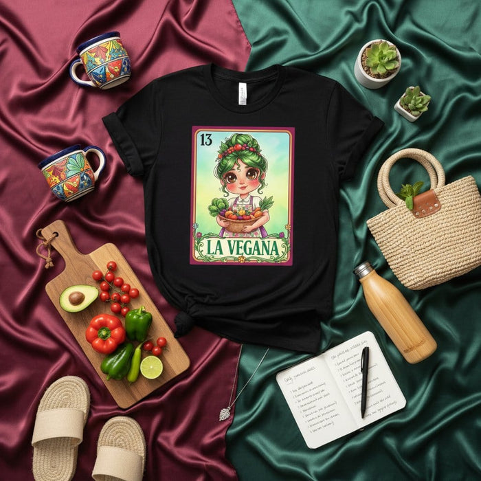 LA VEGANA Loteria Card T-Shirt, Vegan Vegetable Lover Gift, Mexican Bingo Game Style Graphic Tee, Funny Vegetarian Women's Unisex Shirt Mexicada