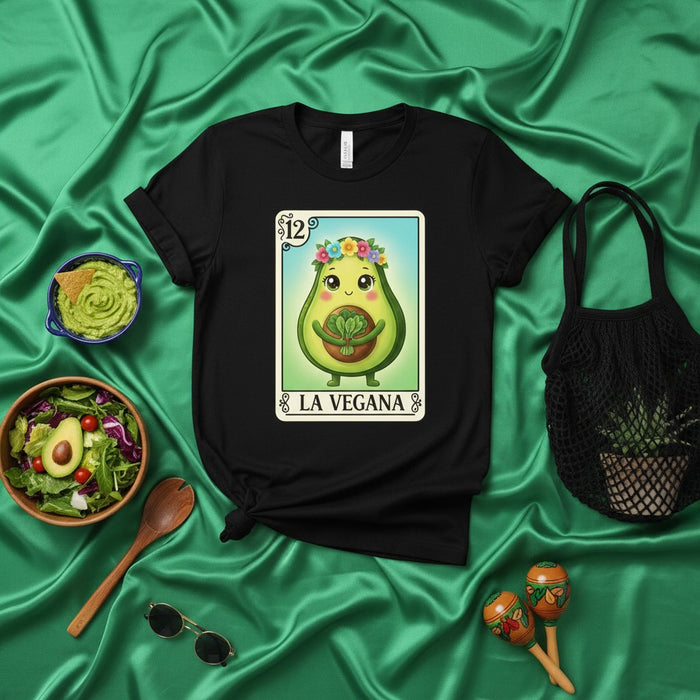 LA VEGANA Vegan Avocado Loteria Card Graphic T-Shirt | Cute Floral Crown Avocardio Tee for Women and Men | Funny Mexican Bingo Style Design Unisex Shirt Mexicada