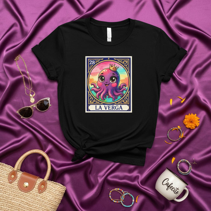La Verga Cute Octopus Loteria Card T-Shirt with Crown, Funny Mexican Bingo Game Art Tee, Unisex Adult Gift Shirt, Number 28 Fantasy Sea Creature Design Mexicada