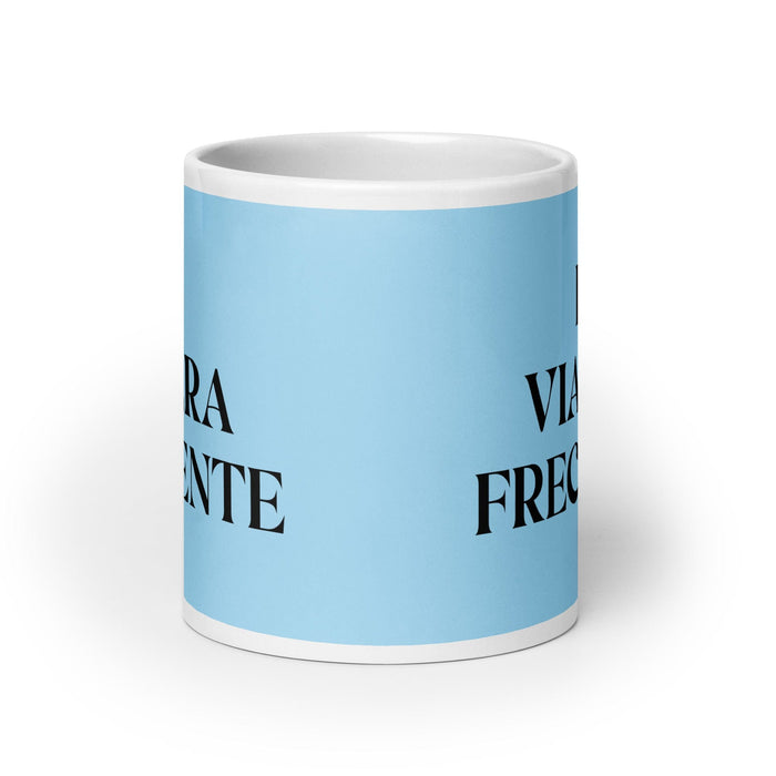 La Viajera Frecuente The Frequent Traveler Funny Home Office Work Coffee Mug Mexican Spanish Pride Gift White Glossy Cup Sky Blue Card Mug Mexicada