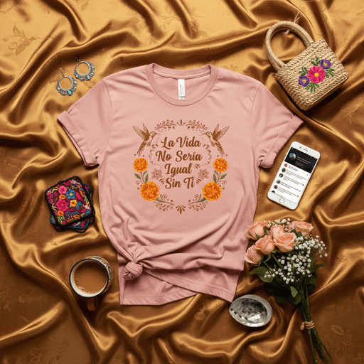 La Vida No Sería Igual Sin Ti Shirt, Hummingbird Marigold Flowers Tee, Spanish Quote T-Shirt, Día de Muertos Inspired Pink Unisex Graphic Top, Floral Design Gift Idea Mexicada