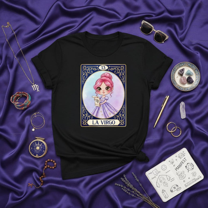 LA VIRGO Cute Virgo Zodiac Sign Lotería Card T-Shirt - Astrology Birthday Gift Tee for Women & Men - Mystical Tarot Style Graphic Black Shirt Mexicada