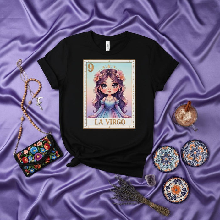 LA VIRGO Zodiac Sign Loteria Card T-Shirt, Cute Cartoon Girl in Flower Crown, Number 9, Astrology Birthday Gift, Graphic Tee for Women & Men Mexicada