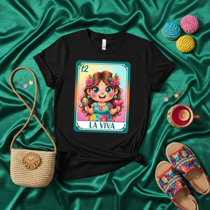 LA VIVA Lotería Card 12 T-Shirt Cute Girl Maracas Heart Flowers Mexican Bingo Game Tee Unisex Festival Vacation Gift Idea Mexicada