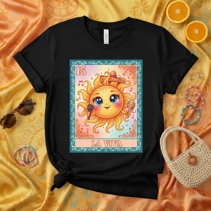 LA VIVA Loteria Card Sun T-Shirt, Mexican Bingo El Sol Cartoon Tee, Kawaii Bright Happy Sun Character Graphic Unisex Shirt, Latinx Culture Gift Idea Mexicada