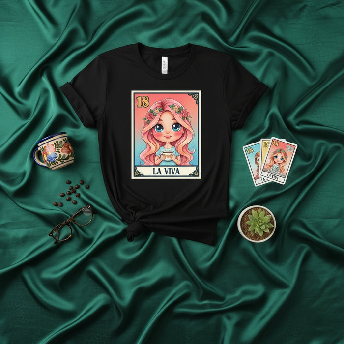 LA VIVA Loteria Card T-Shirt Cute Pink Hair Girl Floral Crown 18 Mexican Bingo Game Shirt Graphic Tee Unisex Gift Mexicada