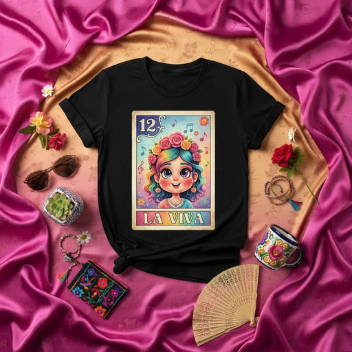 LA VIVA Rainbow Floral Crown Girl Loteria Card T-Shirt, Mexican Bingo Game Inspired Graphic Tee, Number 12 Music Notes Design, Hispanic Culture Gift, Unisex Black Shirt Mexicada