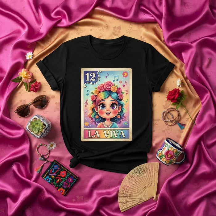 LA VIVA Rainbow Floral Crown Girl Loteria Card T-Shirt, Mexican Bingo Game Inspired Graphic Tee, Number 12 Music Notes Design, Hispanic Culture Gift, Unisex Black Shirt Mexicada