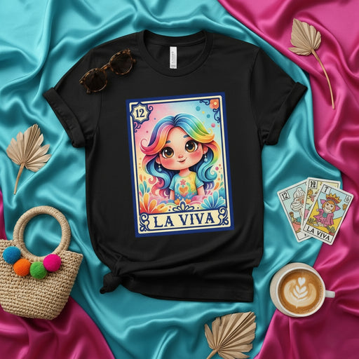 LA VIVA Rainbow Hair Girl Loteria Card T-Shirt, Cute Mexican Bingo Style Graphic Tee, Unisex Black Shirt, Colorful Boho Chic Design, The Alive One Art Print Apparel Mexicada