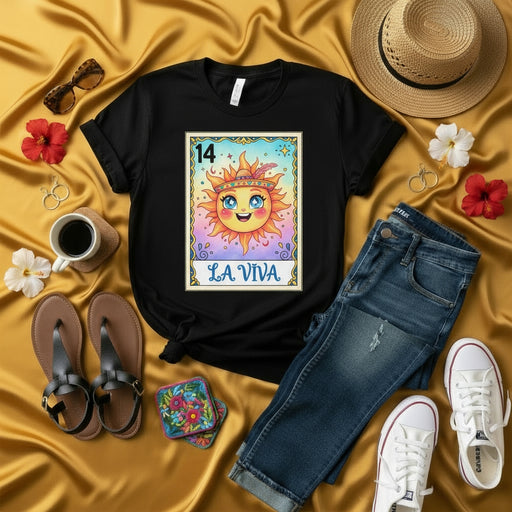LA VIVA Sun Loteria Card T-Shirt, Mexican Bingo Game Day Tee, Cute Happy Sun with Headband Graphic Shirt, Unisex Latina Culture Apparel Gift Idea Mexicada