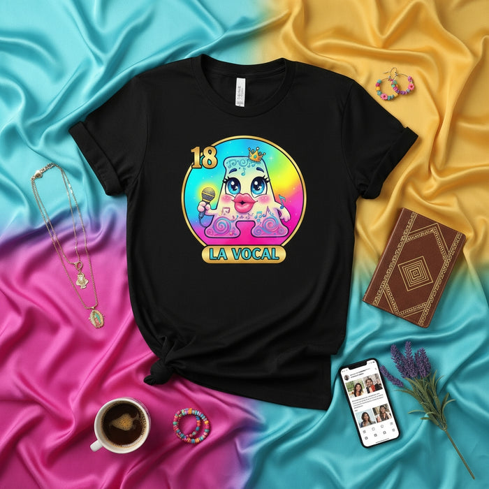 LA VOCAL 18 La Lotería Card T-Shirt Cute Singing Microphone Vowel Letter Design Unisex Black Tee Birthday Gift Merch Apparel Mexicada