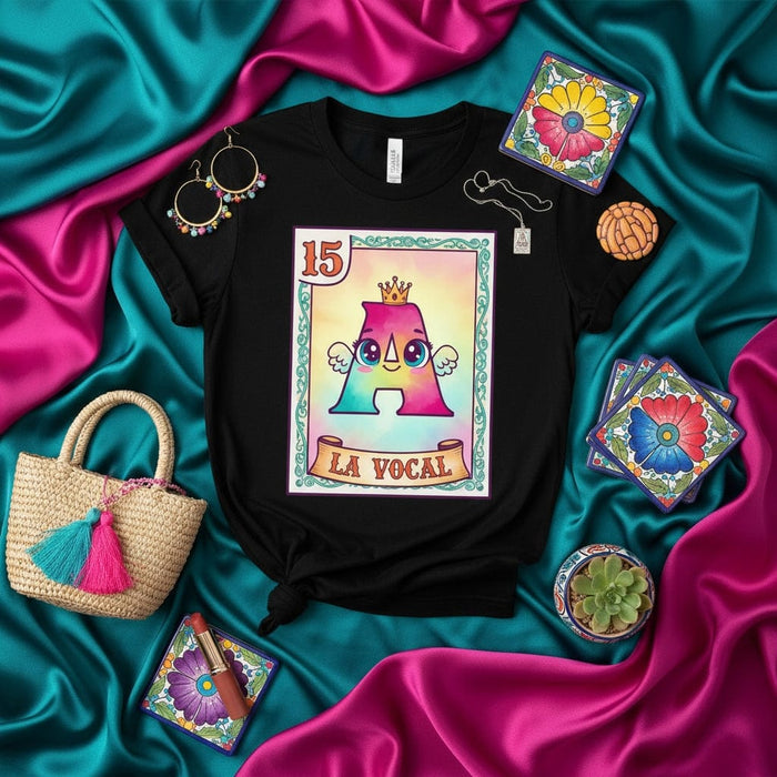 LA VOCAL Cute 'A' Loteria Card T-Shirt, Colorful Mexican Bingo Inspired Graphic Tee, Number 15 Character with Crown and Wings, Fun Hispanic Culture Apparel, Unisex Top Mexicada